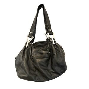B. Makowsky Hobo Shoulder Bag Blk Leather Silver Hardware Soft Pebbled Y2K Tote